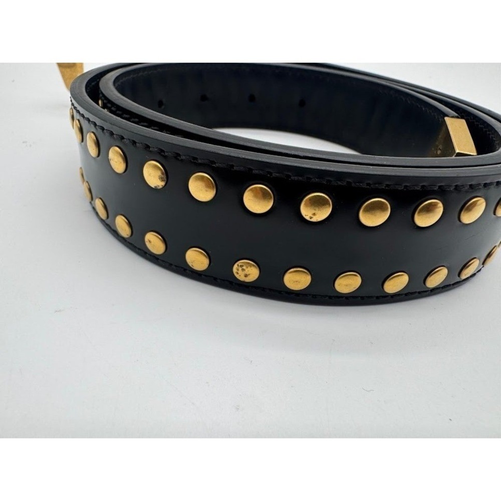 Versace Black Leather Studded Belt Gold Medusa Head Geometric Buckle Waist Belt - Picture 6 of 12